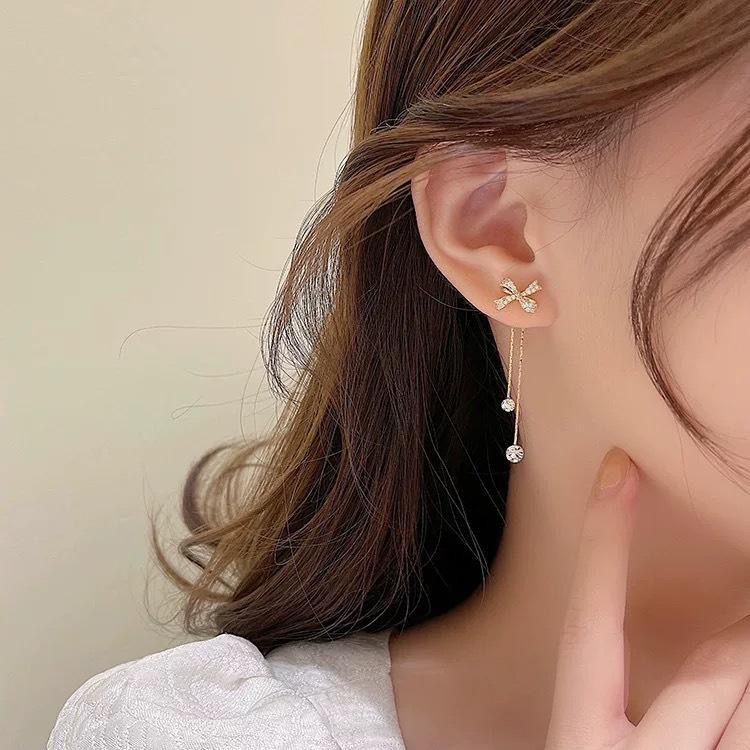 Crystal Bow Tassel Drop Earrings image 2
