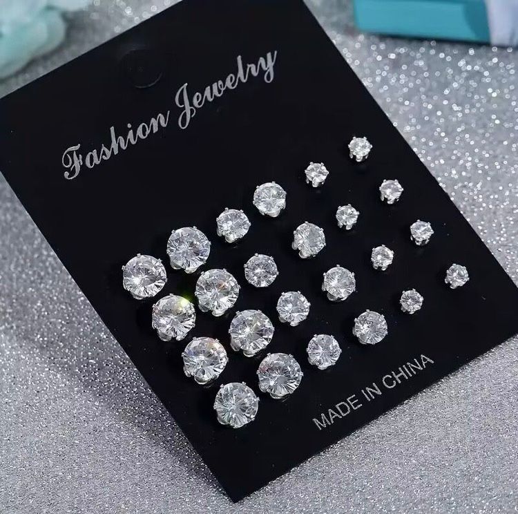 Classic Cubic Zirconia Stud Earrings Set (12 Pairs) image 3