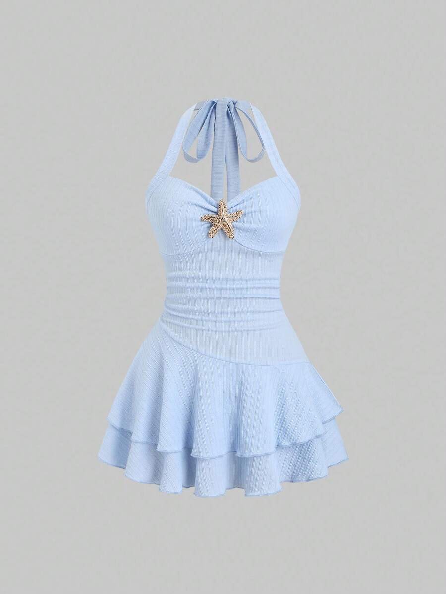 Women Starfish Halter Neck Ruffle Mini Dress image 6