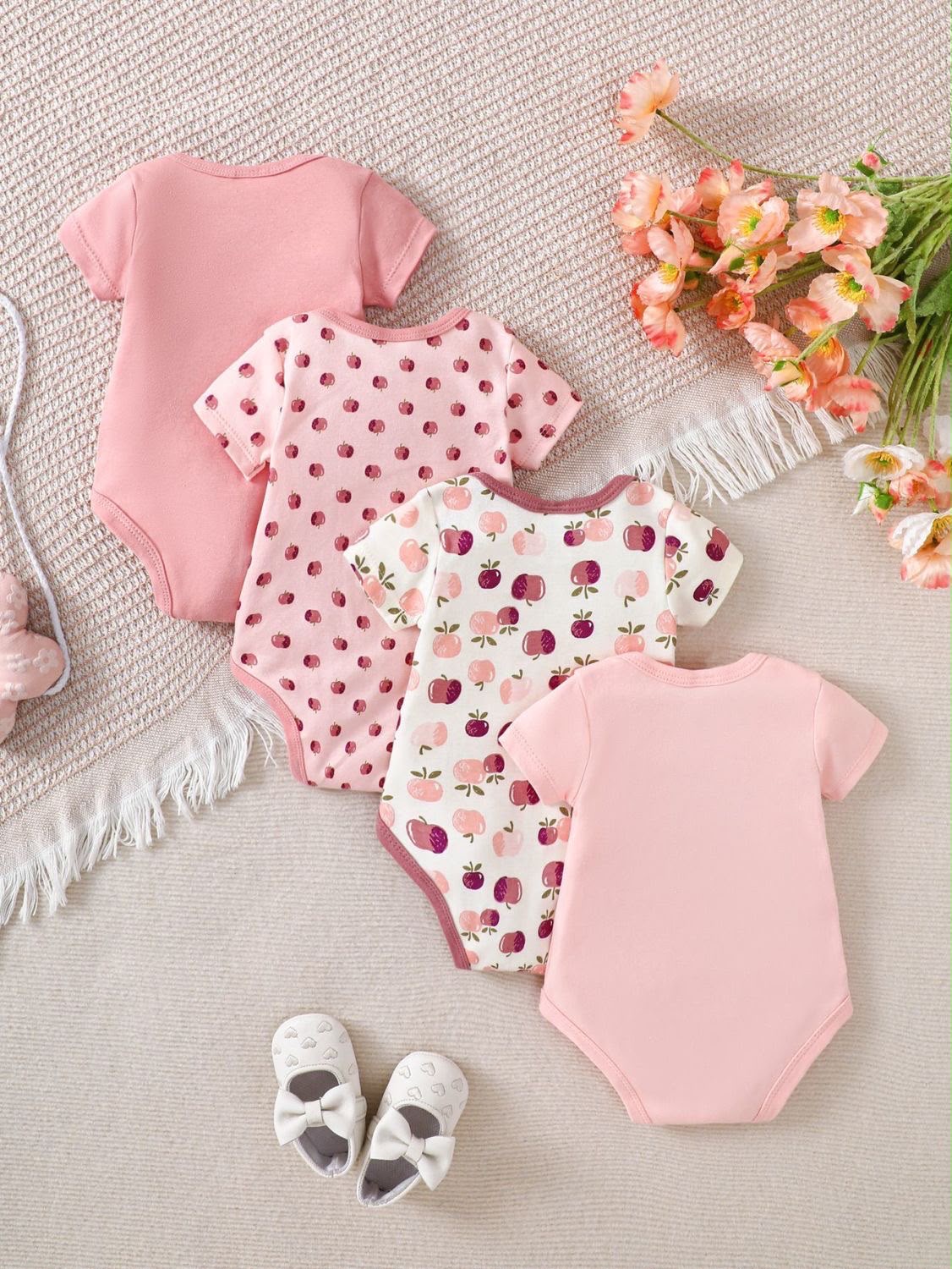 Baby Girls 4-Piece Pink Apple Cotton Bodysuit Set image 2