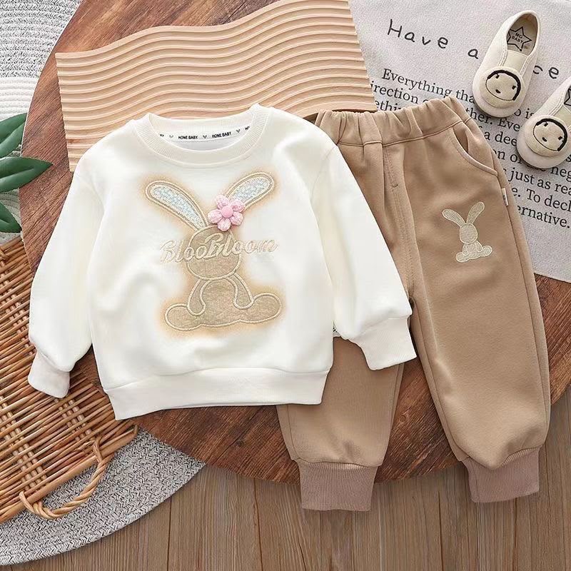 Girls 2-Piece Bunny Embroidered Fleece Tracksuit Set image 4