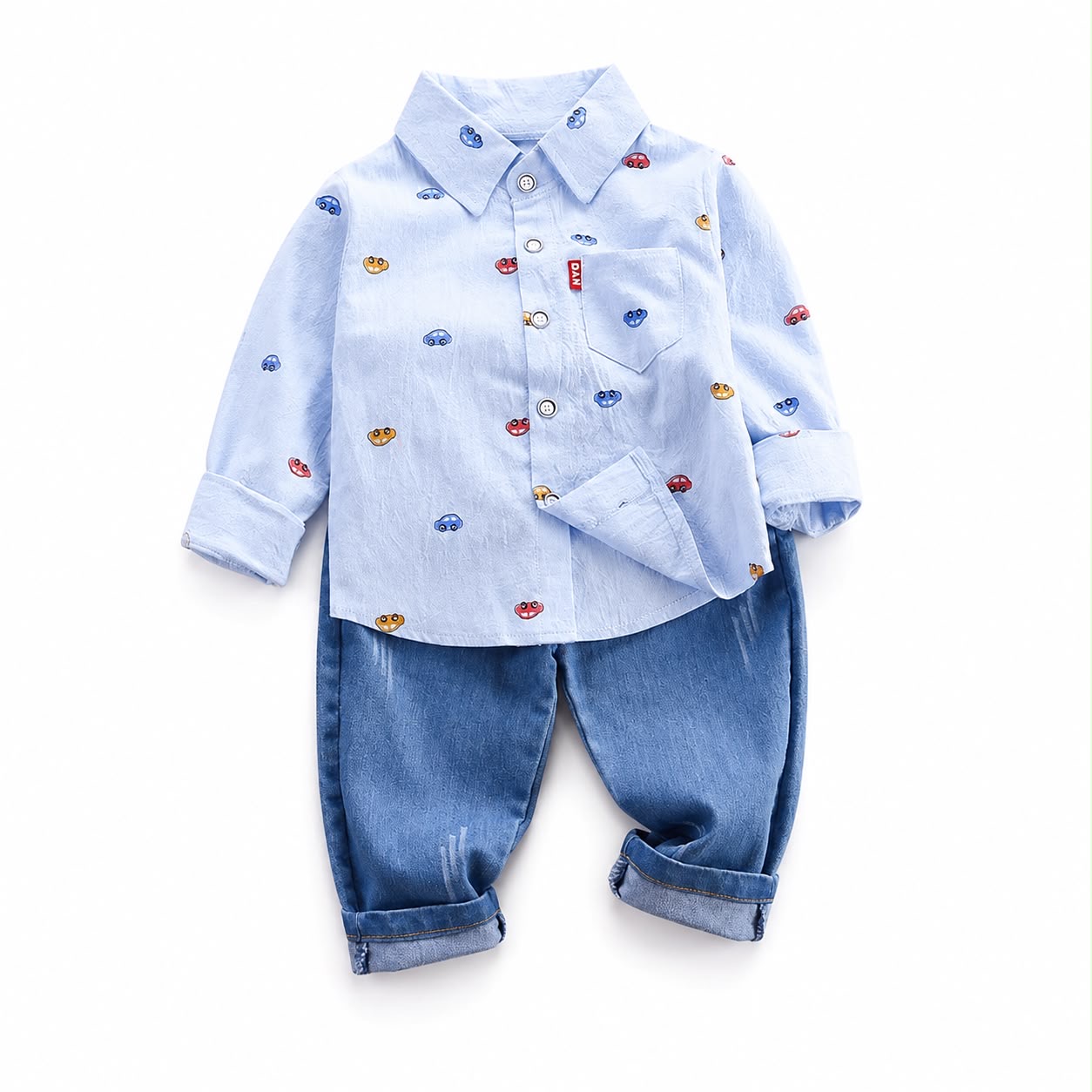 Boys 2-Piece Cartoon Car Denim Outfit Set – Long Sleeve Shirt & Jeans image 2