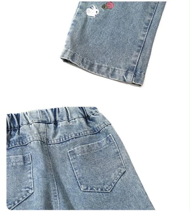 Girls Wide Leg Embroidered Denim Jeans | Elastic Waist Rabbit & Rose Casual Pants image 3