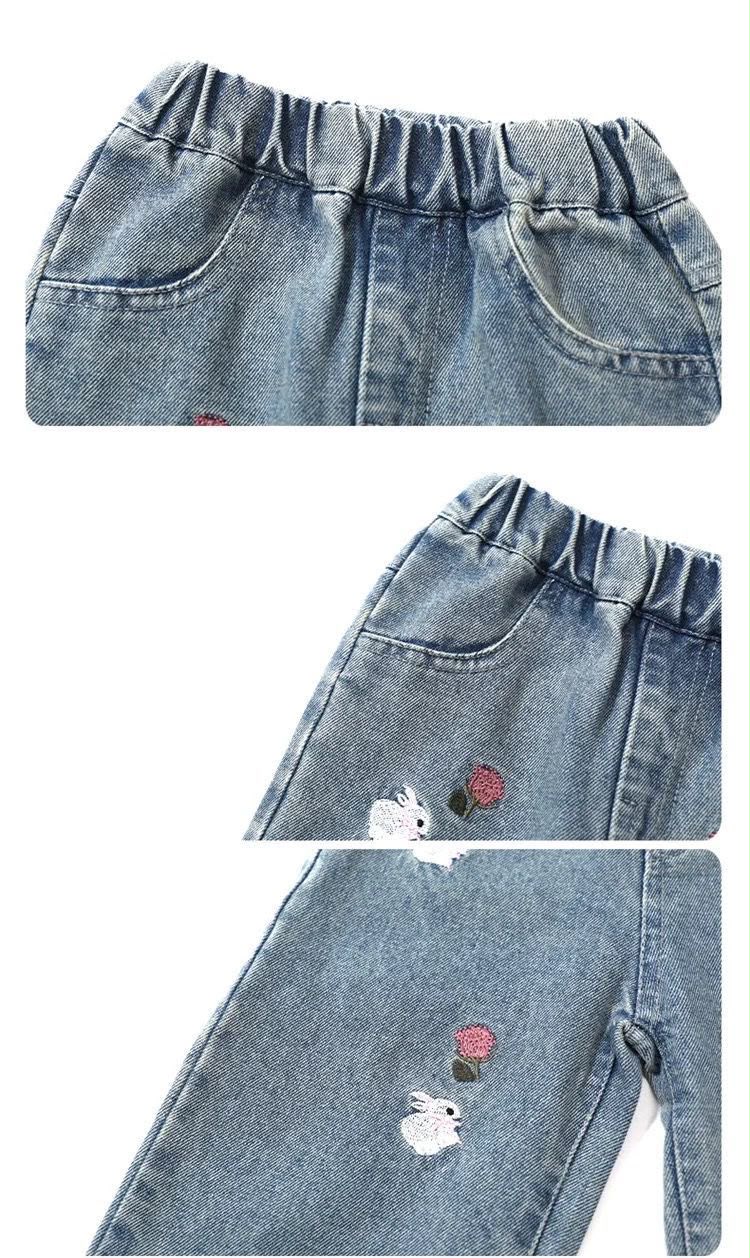 Girls Wide Leg Embroidered Denim Jeans | Elastic Waist Rabbit & Rose Casual Pants image 4
