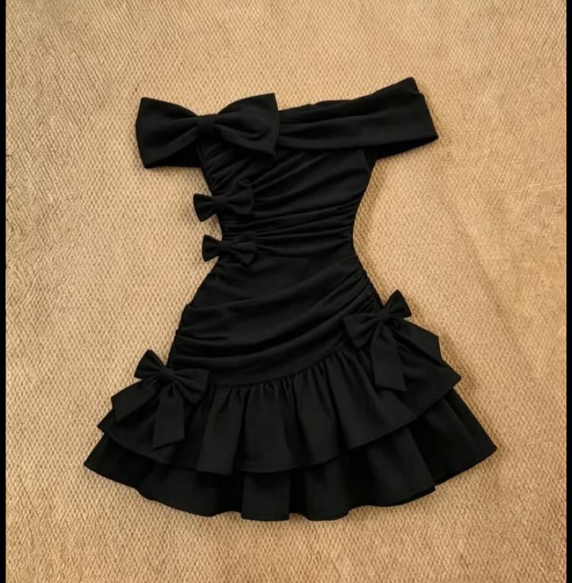 Women’s One-Shoulder Bow Mini Dress  Black
