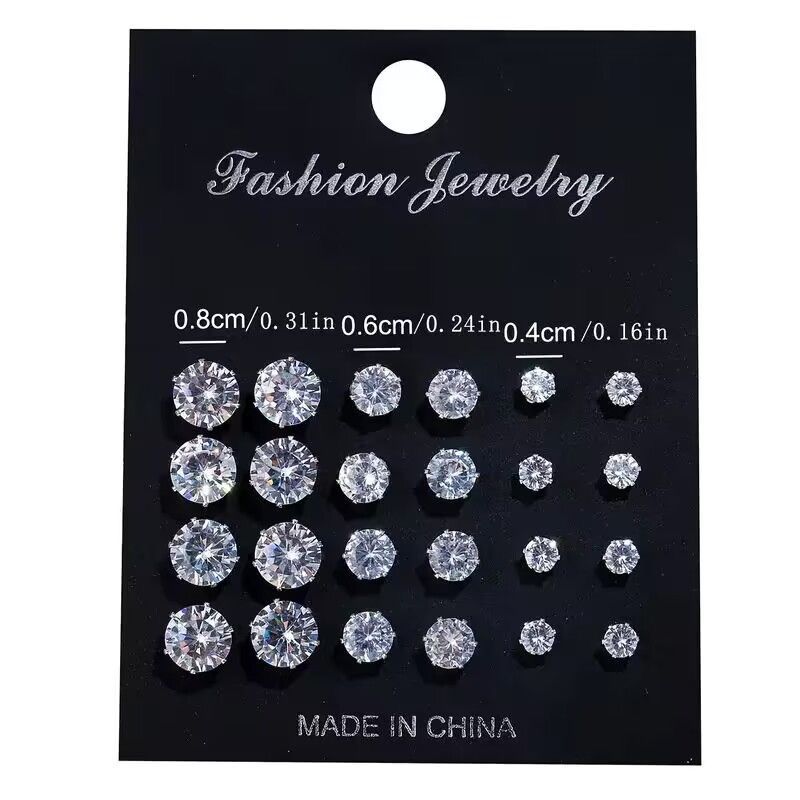 Classic Cubic Zirconia Stud Earrings Set (12 Pairs)