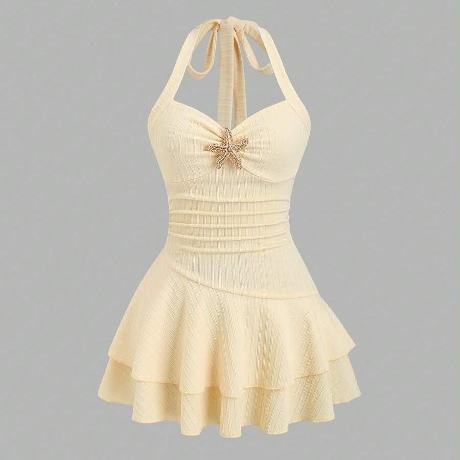 Women Starfish Halter Neck Ruffle Mini Dress