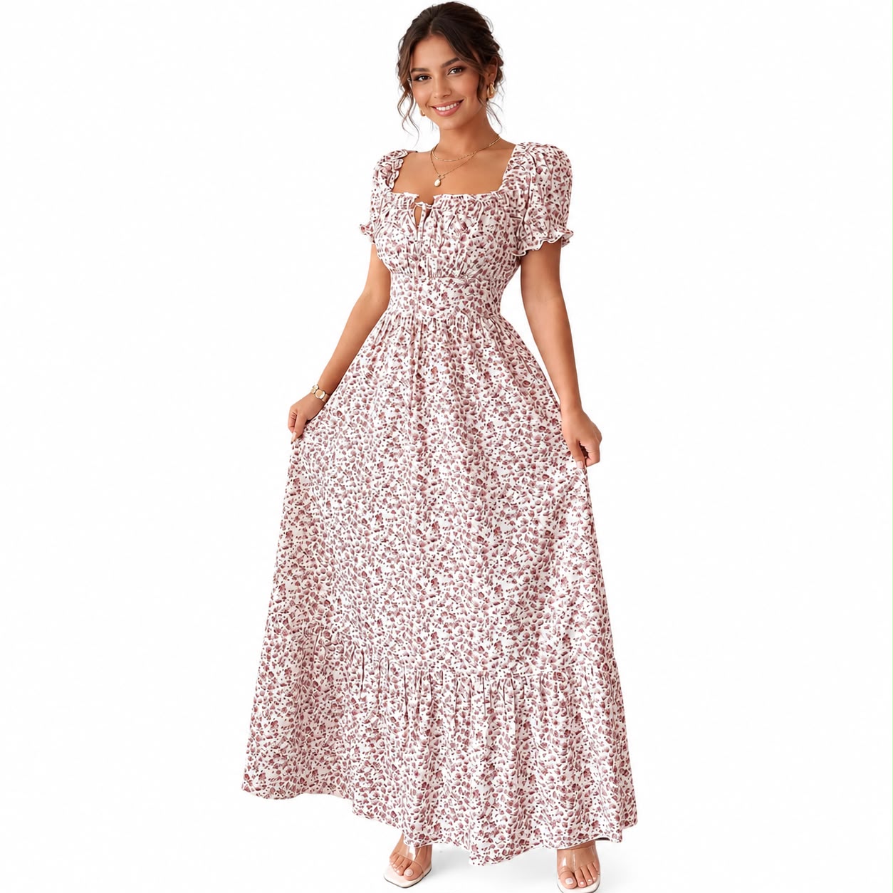 Vintage Floral Puff Sleeve Maxi Dress