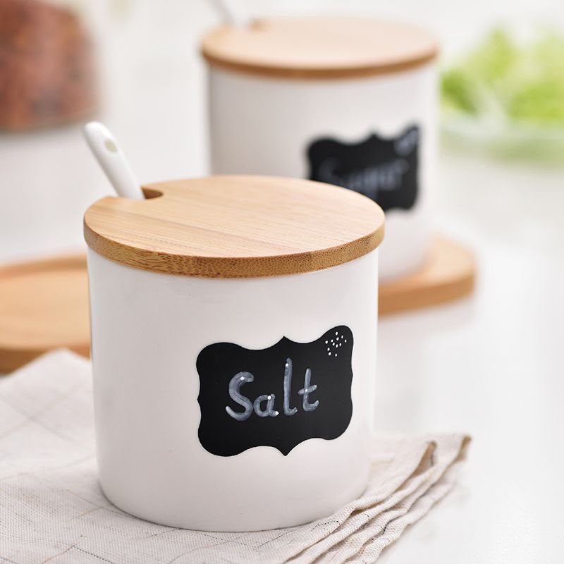 Ceramic Kitchen Condiment Set with Bamboo Lids & Spoons image 2