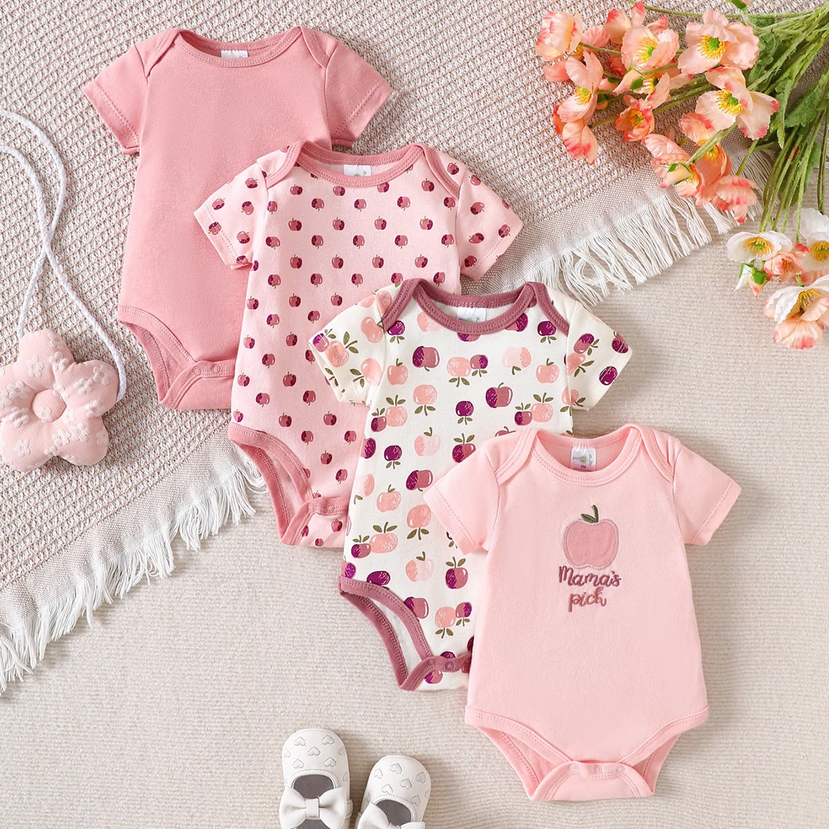 Baby Girls 4-Piece Pink Apple Cotton Bodysuit Set