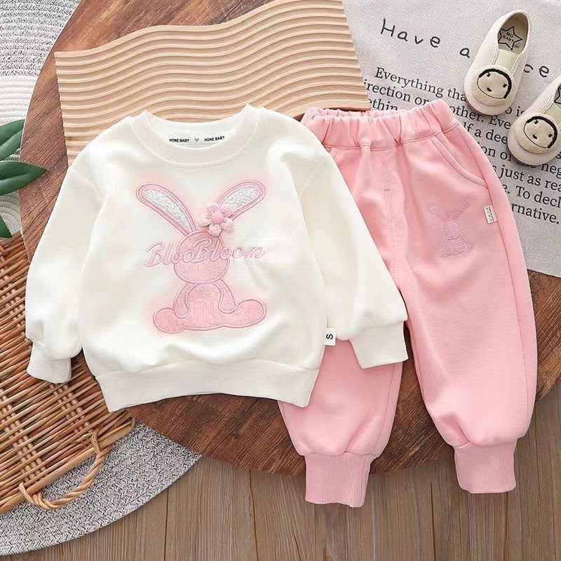Girls 2-Piece Bunny Embroidered Fleece Tracksuit Set