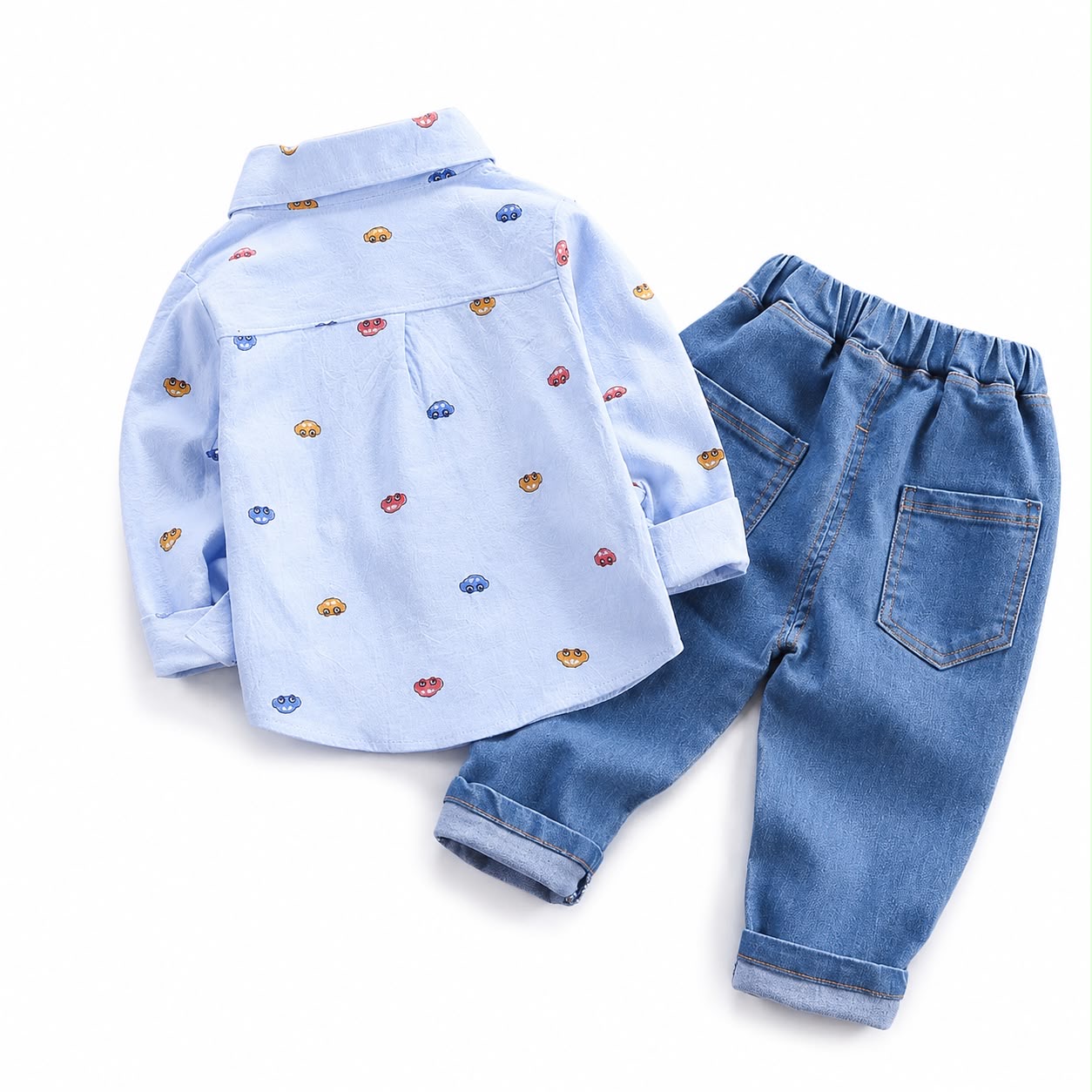 Boys 2-Piece Cartoon Car Denim Outfit Set – Long Sleeve Shirt & Jeans