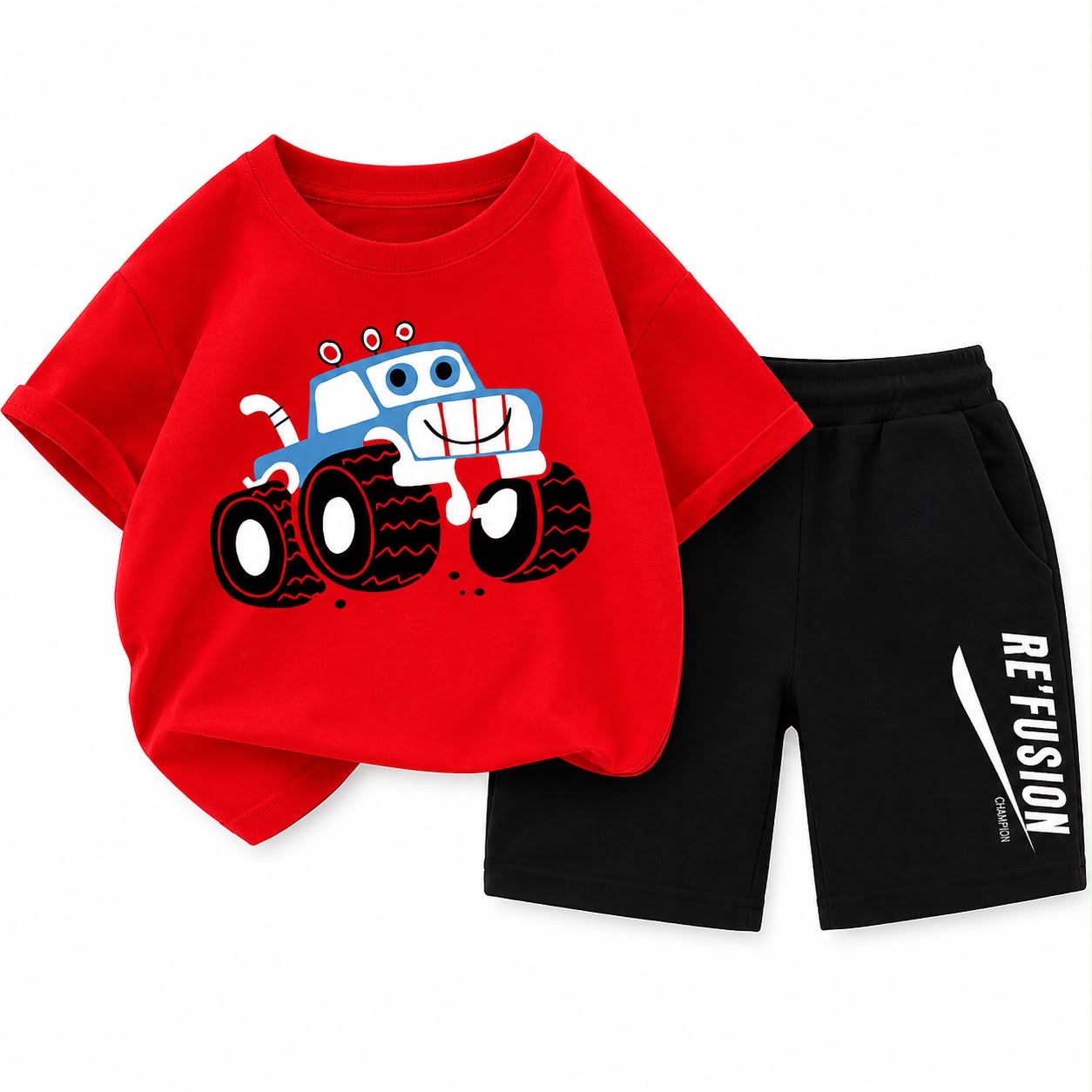 Kids Monster Truck Cotton T-Shirt & Shorts Set | Summer 2-Piece Outfit