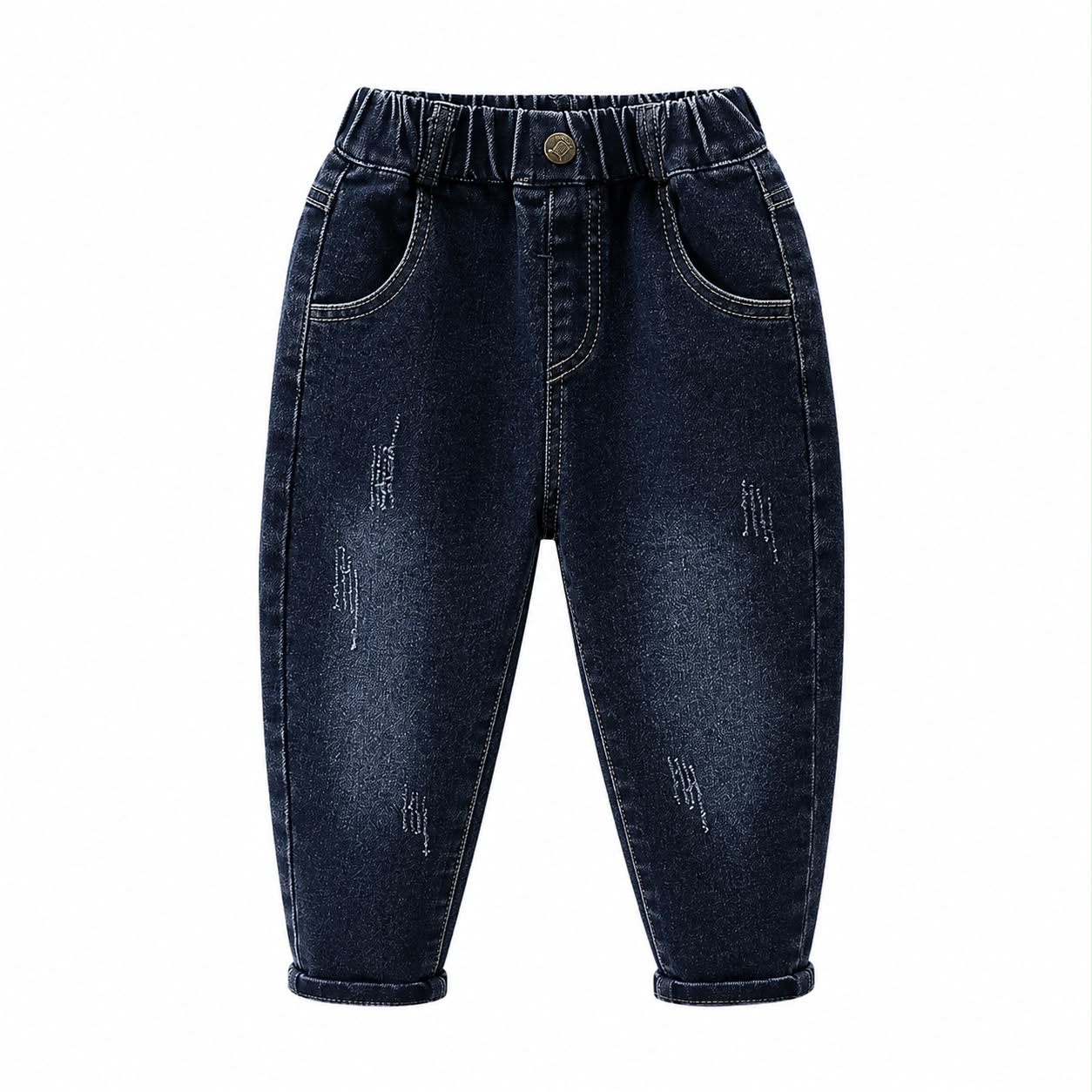 Kids Distressed Denim Jeans | Soft Stretch Elastic Waist Casual Trousers | Boys & Girls Dark Blue