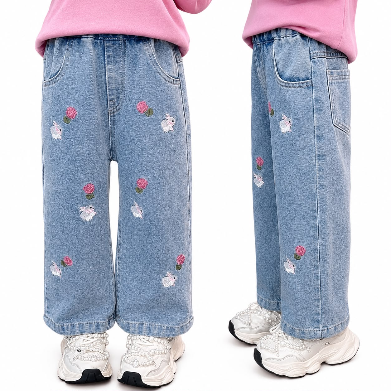 Girls Wide Leg Embroidered Denim Jeans | Elastic Waist Rabbit & Rose Casual Pants
