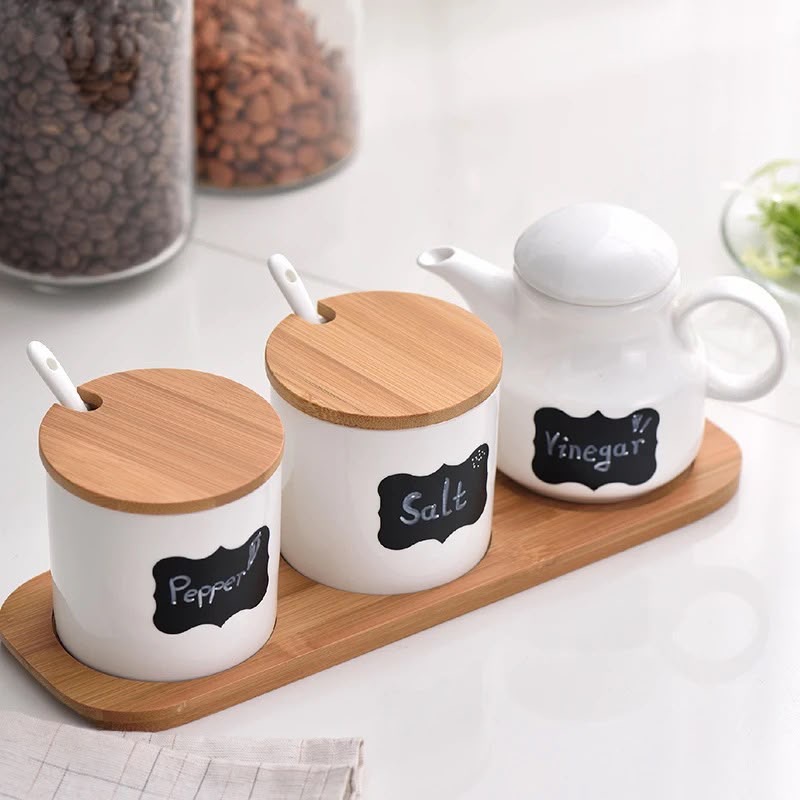 Ceramic Kitchen Condiment Set with Bamboo Lids & Spoons