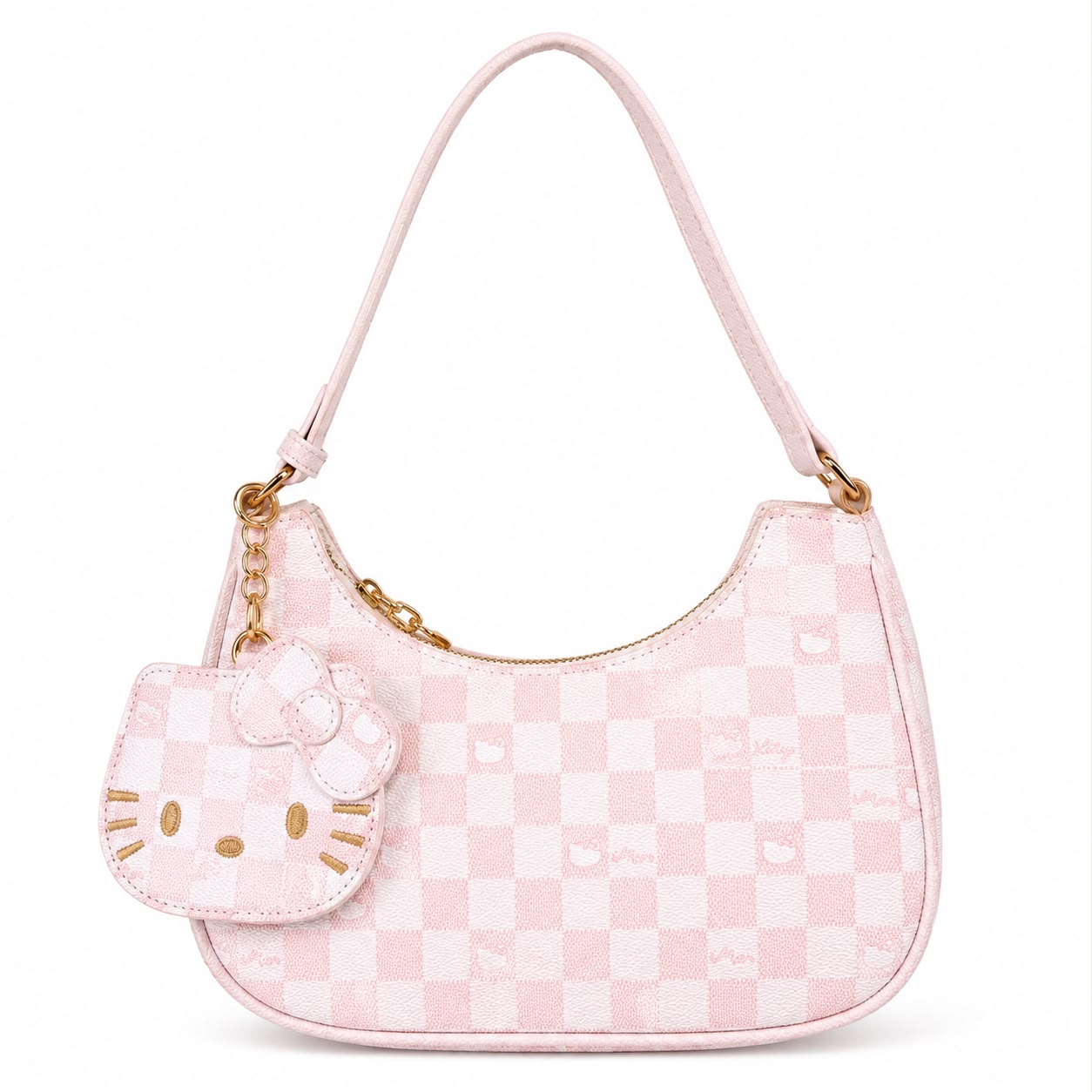 Pink Checkered Shoulder Bag with Cat Character Coin Purse