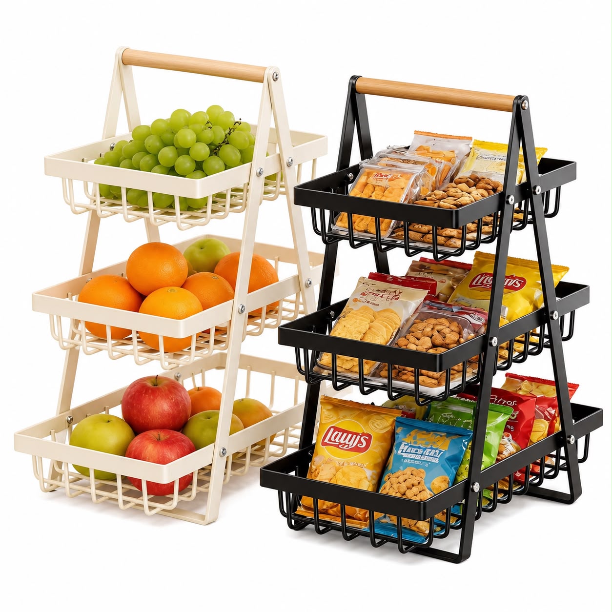 3-Tier Foldable Metal Storage Basket Rack with Wooden Handle