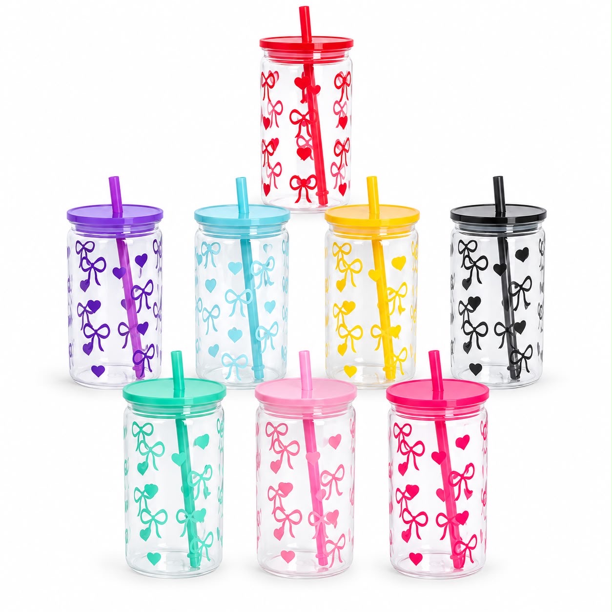 475ml Bow & Heart Reusable Drinking Cup with Straw