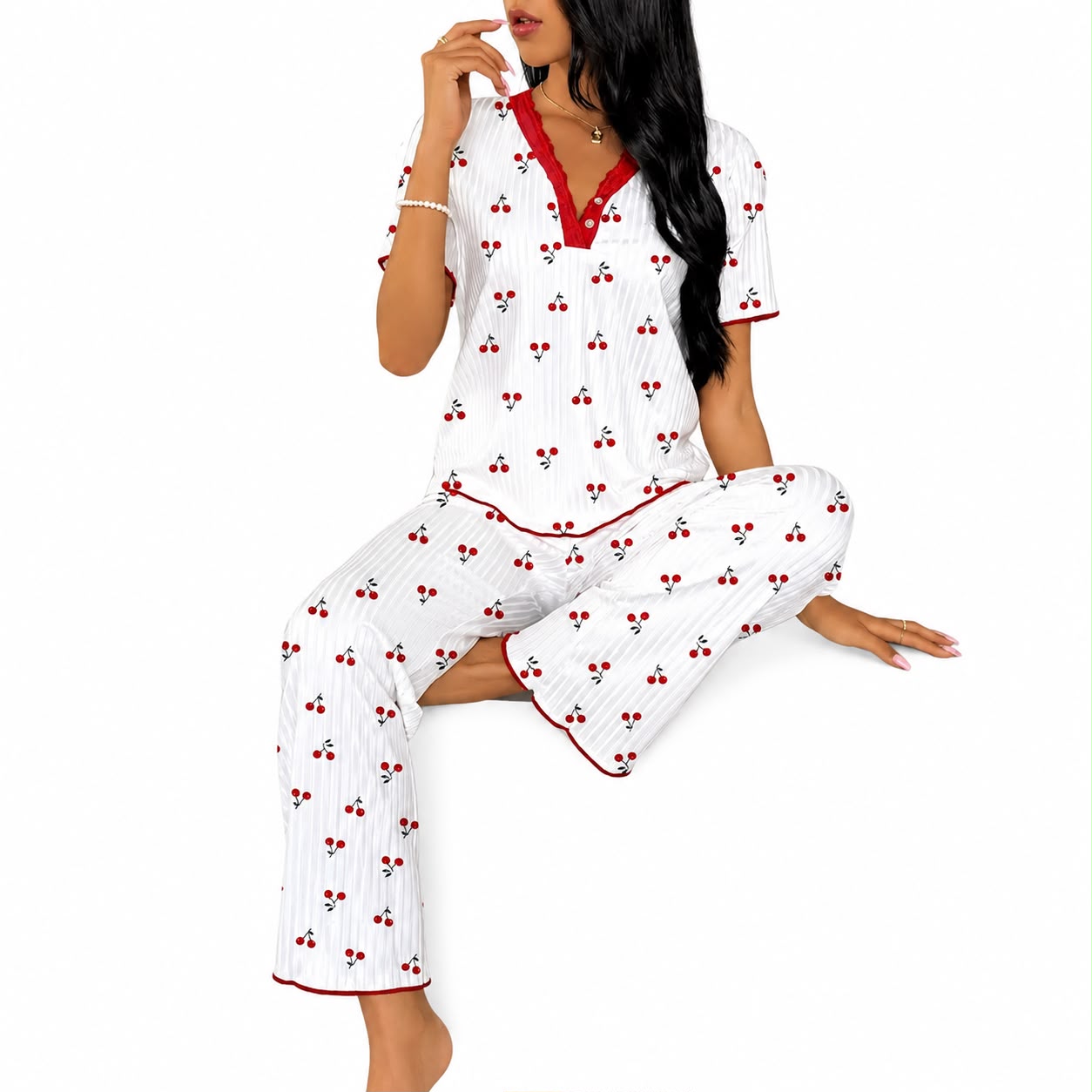 Women’s Cherry Print Ribbed Pyjama Set
