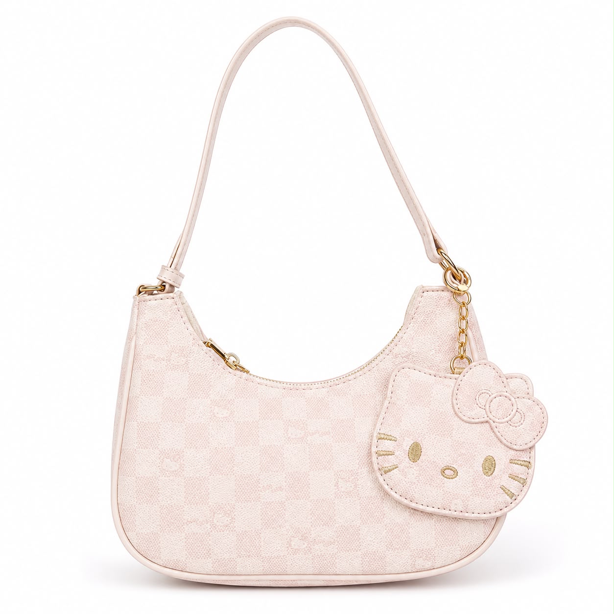 Pink Checkered Shoulder Bag with Cat Character Coin Purse image 2