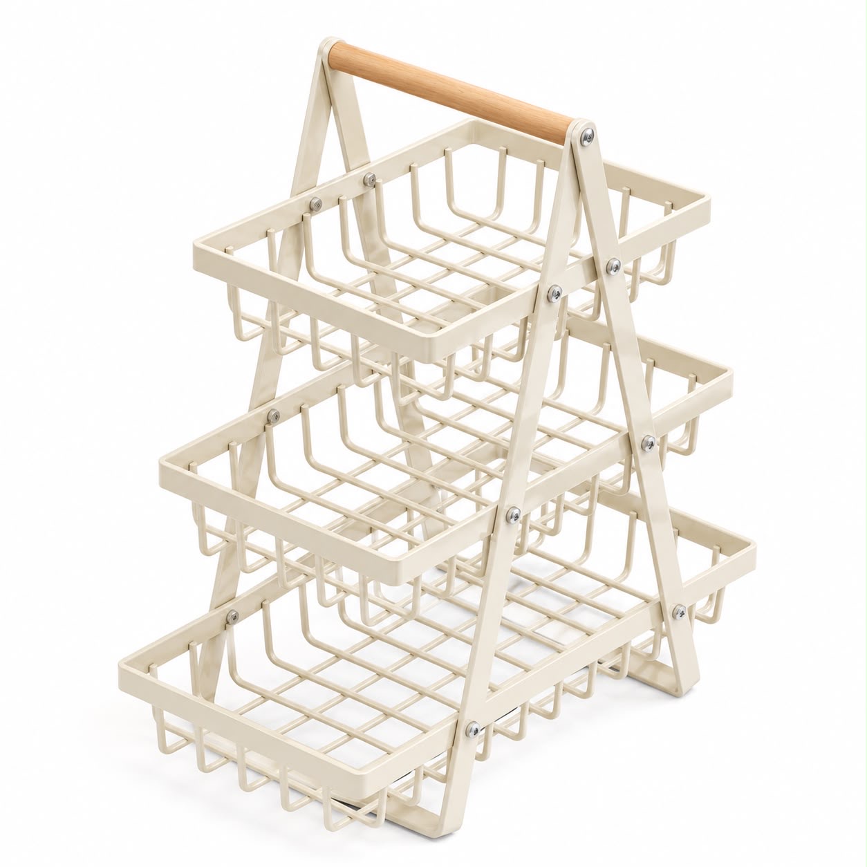 3-Tier Foldable Metal Storage Basket Rack with Wooden Handle image 4