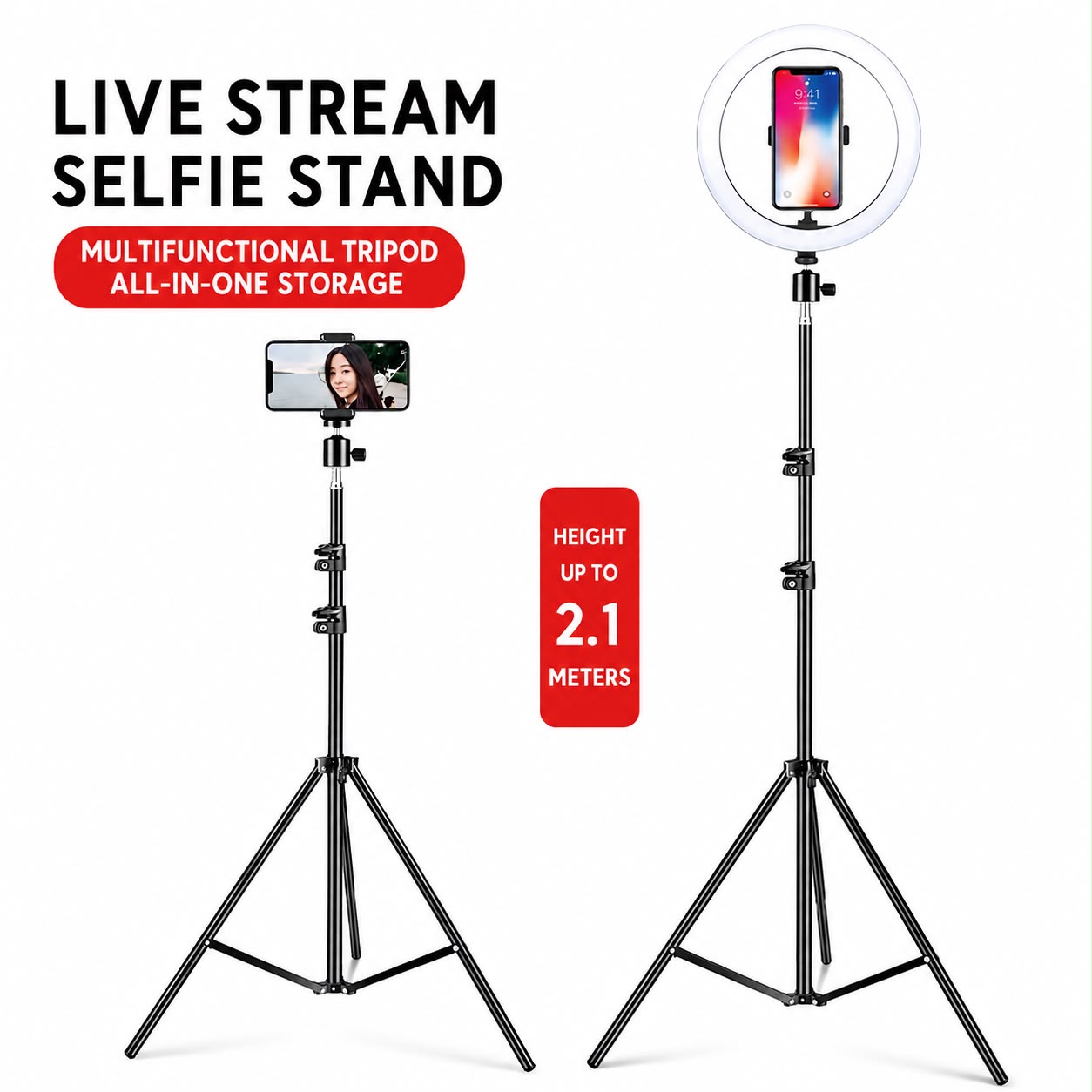 Live Stream Selfie Tripod with beauty lamp & Phone Holder image 3
