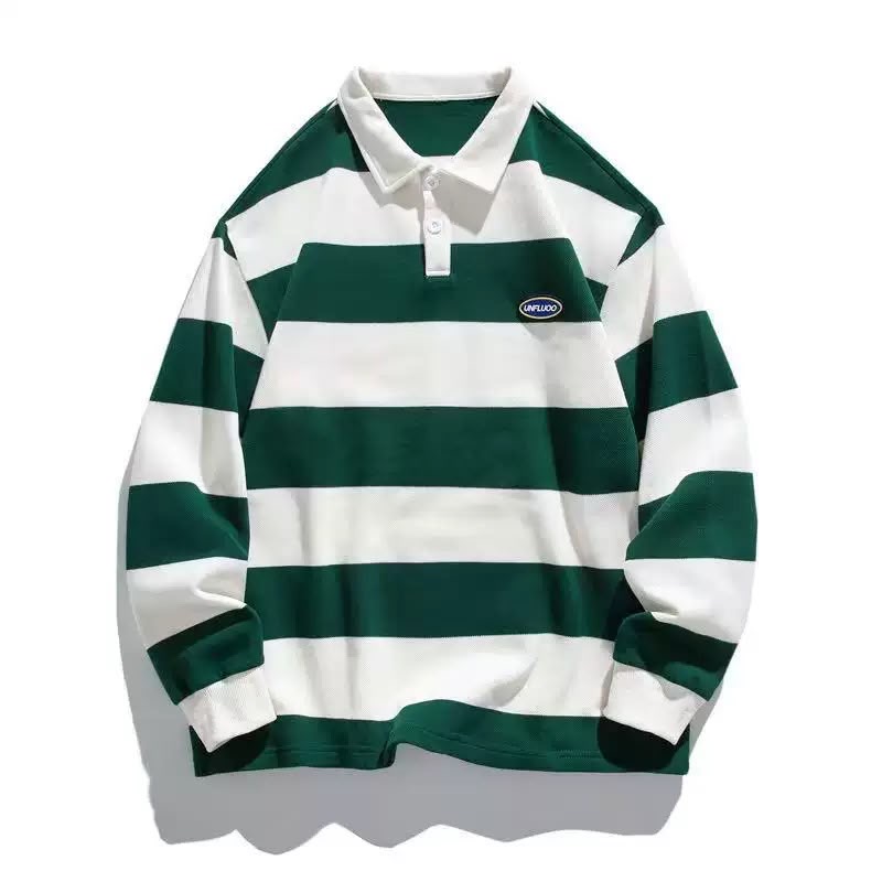 Men’s Oversized Striped Long Sleeve Polo Shirt image 2