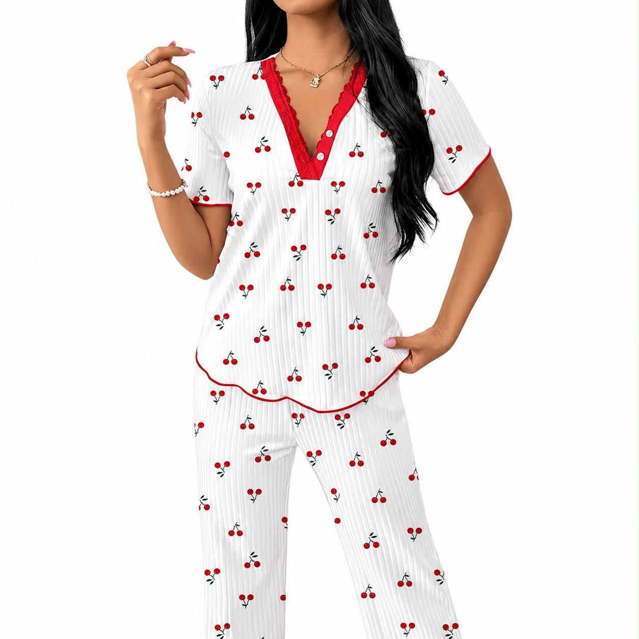Women’s Cherry Print Ribbed Pyjama Set image 2